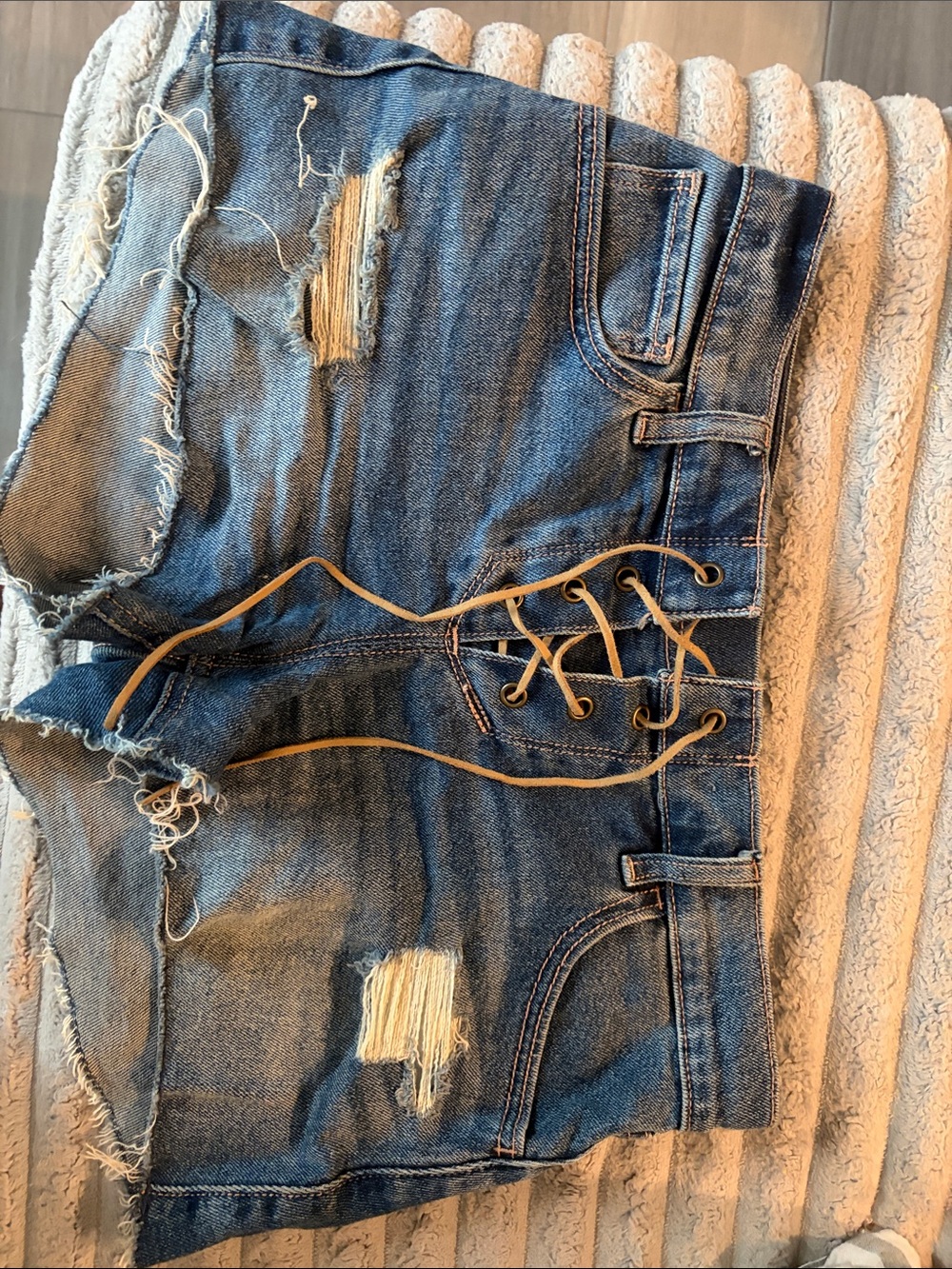 Women’s Distressed Lace-Up Denim Shorts - Blue